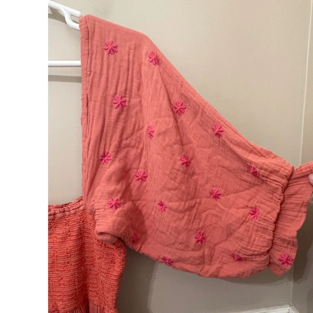 Free People XL Dahlia Embroidered Maxi Dress Coral Pink Smocked Puff Sleeve